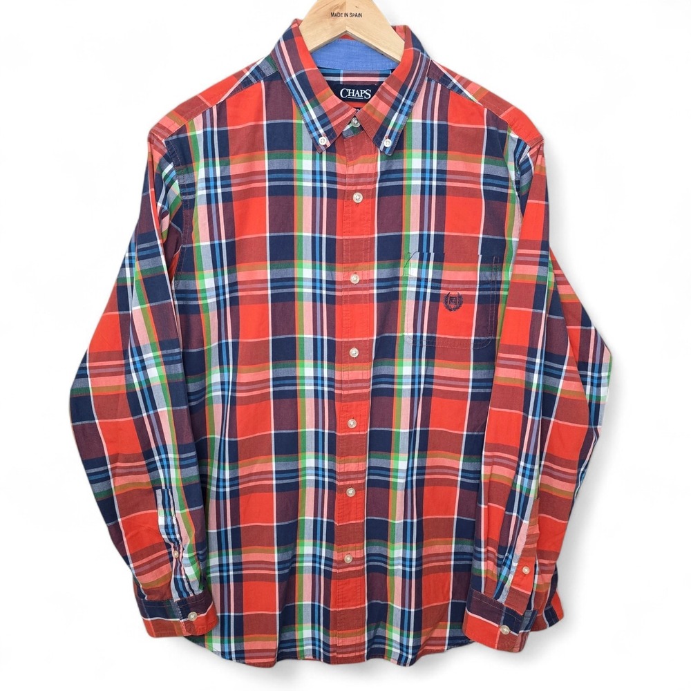 Chaps Shirt Mens Large Orange Plaid Button Down Lightweight Easy Care Casual‎